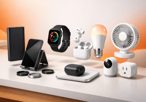 gadget populares vendidos online como smartwatch power bank e fones bluetooth organizados em mesa moderna