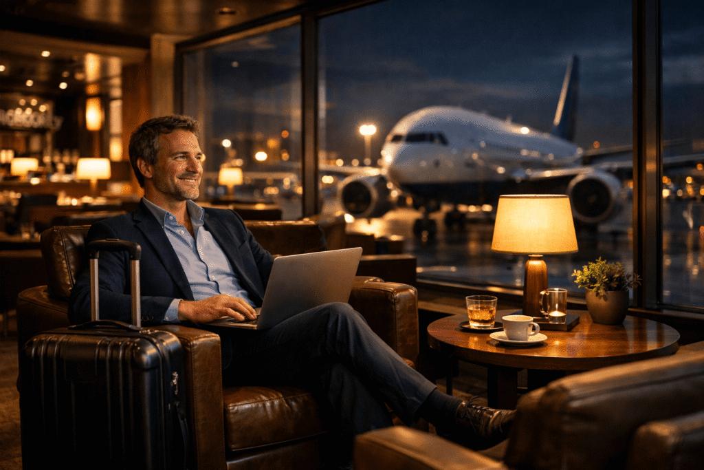 Viajante descansando em sala VIP de aeroporto antes de embarcar usando benefícios de cartão de crédito premium