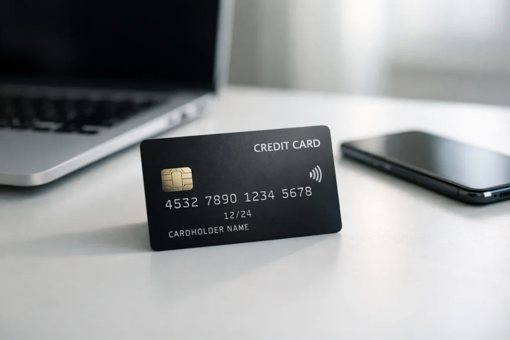 Pessoa utilizando cartão de crédito para compras online no computador